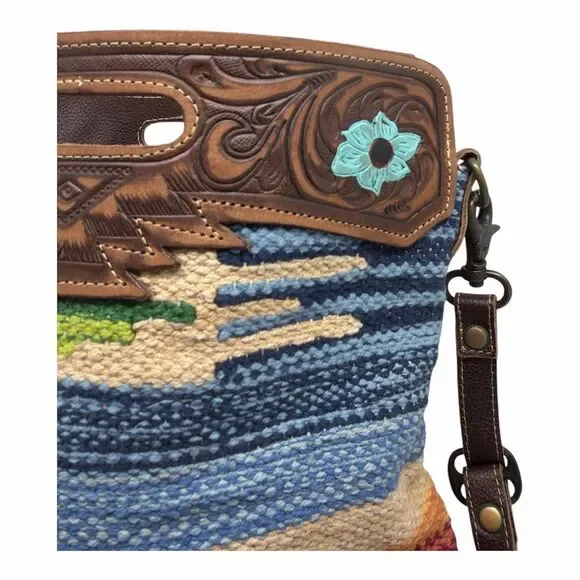 Brand New Myra Azure Petals Woven Crossbody Bag with Handtooled Leather - Picture 2 of 5